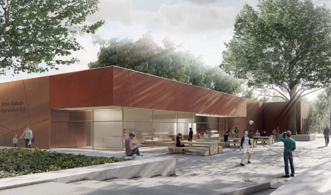 Ernst-Barlach-Gymnasium Kiel Menschen vor einer Mensa